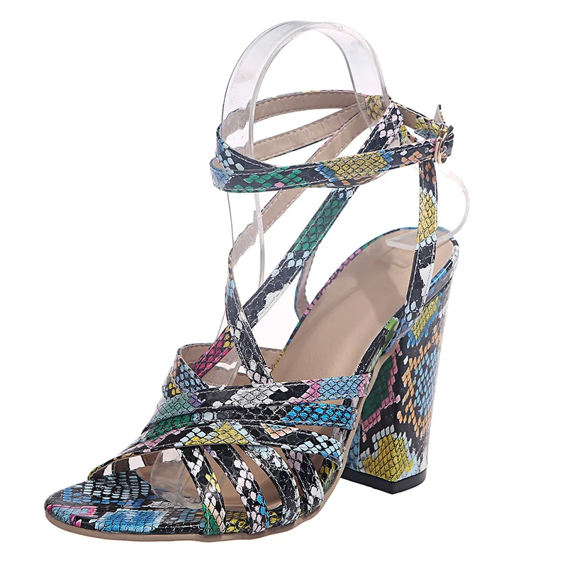 

Snake Print Mules Shoes Women Multicolor Upper Cross Strap Square Heel Ankle Buckle Female Summer Sandals Plus Size 41 42 43 ins