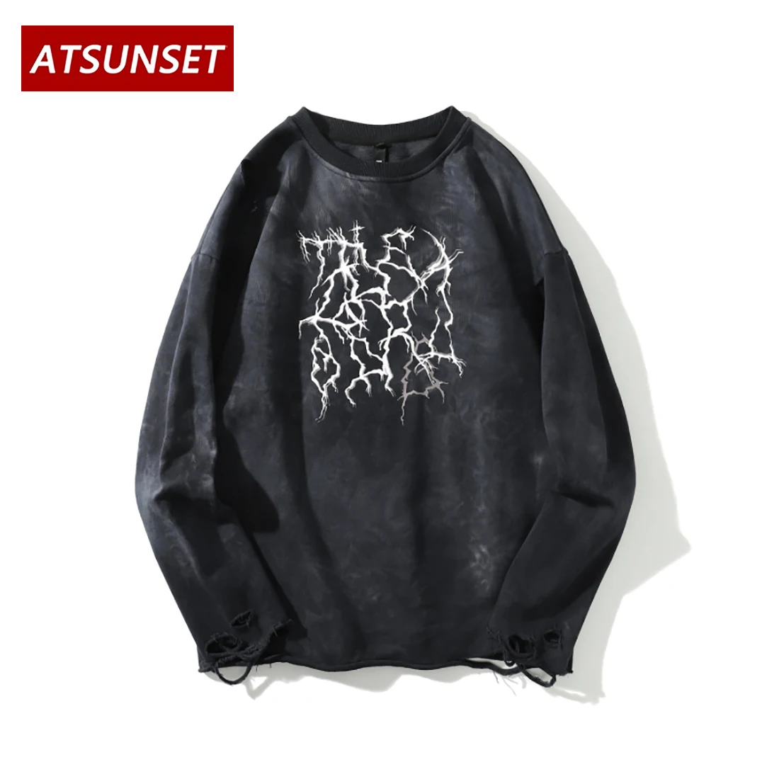 ATSUNSET Lightning Print Sweatshirt Hip Hop Streetwear Harajuku Hoodie  Autumn And Winter Cotton Distressed Pullover Top
