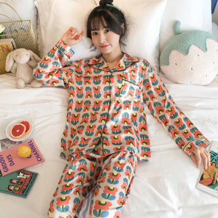 

2020 Multi--New Products Imitated Silk Pajamas Women's Summer Printed Spring And Autumn Long Sleeve Two-Piece Set Viscose Home W