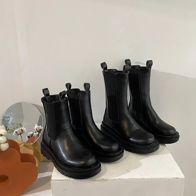 Botas negras de cuero para mujer, plataforma de otoño 2020, zapatos góticos gruesos para botas de media caña Punk para mujer| Botas a media pantorrilla| - AliExpress