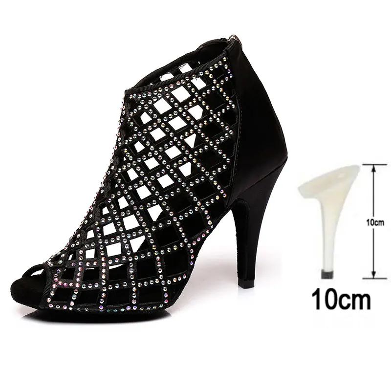 Black 10CM HROYL, новинка, женская обувь для латинских танцев, женские сандалии для сальсы, Резные Стразы, женские бальные туфли для танго, самбы, сексуальные вечерние Heel6-10CM - Цвет: Black 10CM