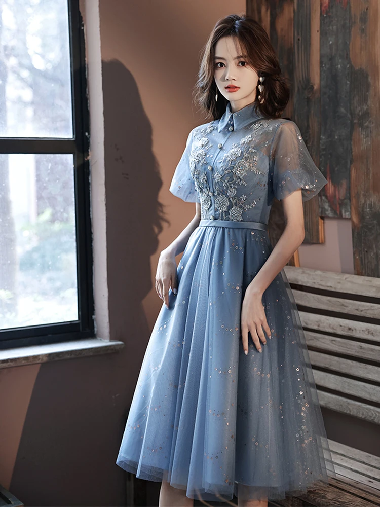 New greydish blue midcalf suit collar lady girl women princess performance banquet party ball dress daily wear. gown