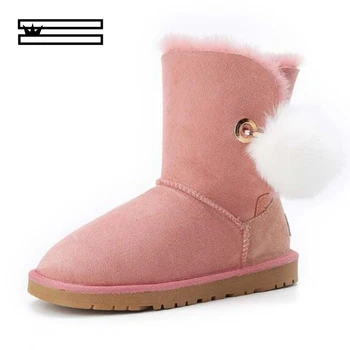 

Crystal Rhinestone Pom-pom Brooch Women Winter Boots Shoes Fox Fur Ball Sheepskin Suede Leather Wool Fur Lined Snow Boots