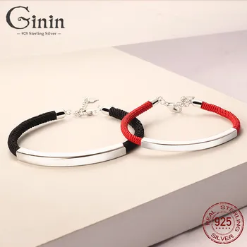 

GININ 925 Sterling Silver Geometric Glossy Strip Chain Red Rope Charm Couple Bracelet For Women Party Anniversary Gift Jewelry