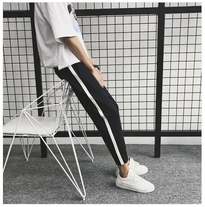 

Long Pants Male STUDENT'S Summer Side Edge White Bars Striped Pants Thin Slim Fit Korean-style Trend Loose Casual Sports Pants