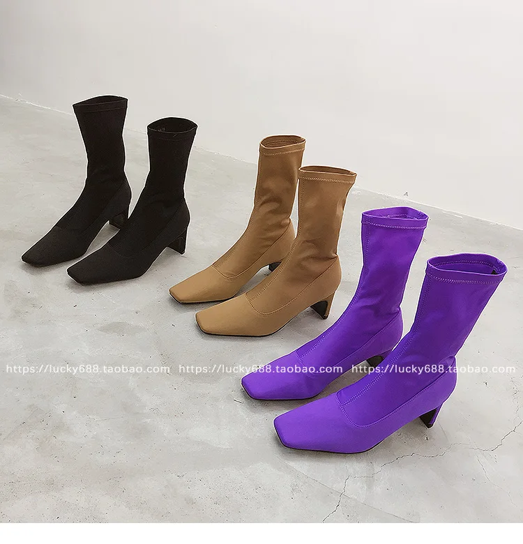 Эластичные Сатиновые сапожки на высоком каблуке; женские Ботинки martin duck botines mujer с квадратным носком; коллекция года; дизайнерские зимние ботинки «Челси» средней длины; новые носки