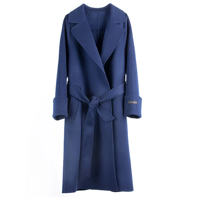 

Women's handmade belt wool coat long straight cashmere coat casual wool coat