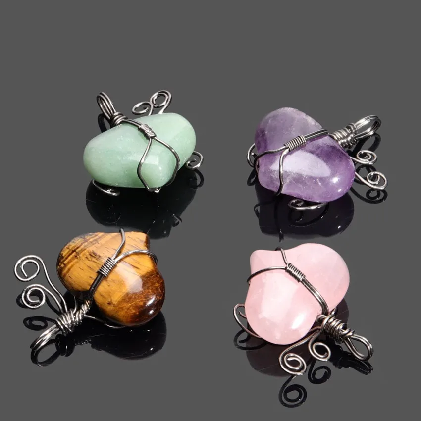 

10 Pcs Romantic Style Silver Plated Wire Wrap Love Heart Amethysts Stone Pendant Rose Pink Quartz Jewelry