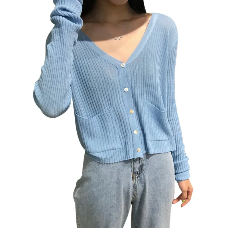 

Korean version of pure color hot style outside with women's solid long sleeve v-neck thin jacket sun button knit cardigan size