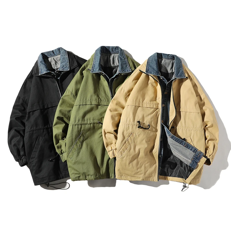 Japanese Style Denim jacket Men's Military Zipper Work Clothes Streetwear Bomber Jacket Loose Outerwear Coat Windbreaker