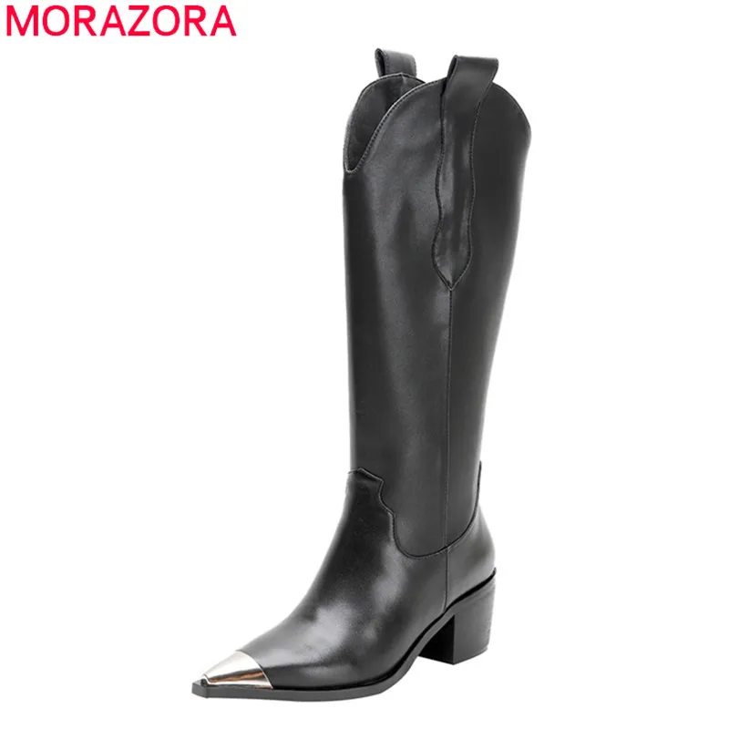 MORAZORA/Новинка года; брендовые модные зимние сапоги до колена; модная женская обувь на высоком толстом каблуке с острым носком; 2 цвета; женские сапоги