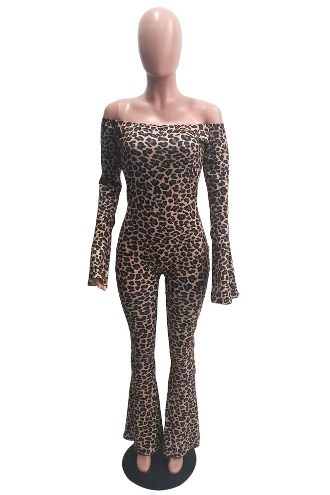 Сексуальный леопардовый принт длинный расклешенный рукав комбинезон с вырезом-лодочкой Женский Осенний повседневный наряд вечерние комбинезоны для ночного клуба уличные комбинезоны