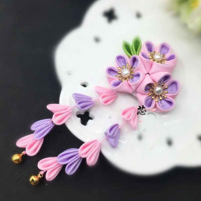 Tsuami Kanzashi, японский стиль, розовая, красная роза, кисточки, Сакура, цветочное кимоно, аксессуар, ручная работа, заколка для волос, заколка, головной убор HW041