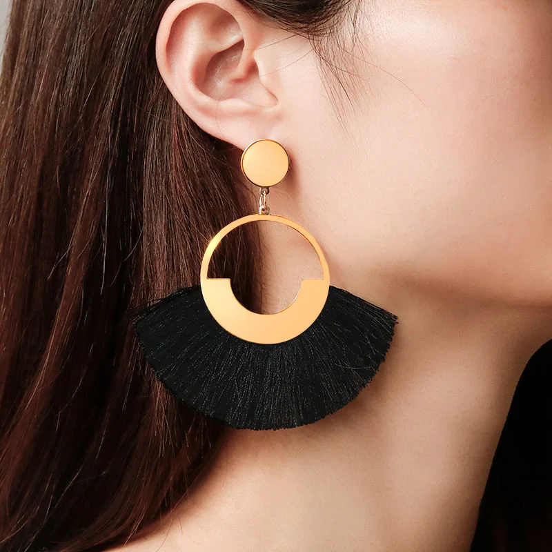 LOVR Fashion Bohemian Tassel Earrings for Women 2020 Cotton Silk Fabric Long Fringe Black Drop Dangle Earrings Female Jewelry