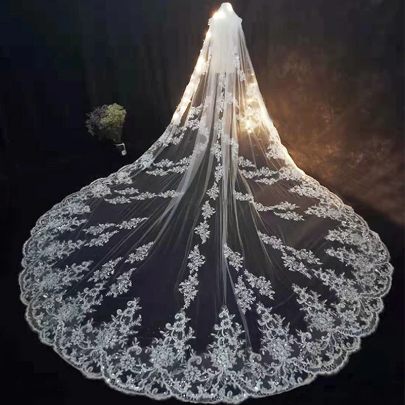 

Luxury White Ivory 5m 4m 3m Long Wedding Bridal Veils Lace Appiques Edge 1 T Tulle Cathedral Veil with Comb Velo de Novia Voile