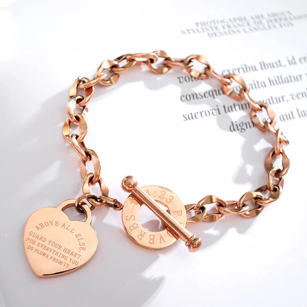 Stainless Steel Love Heart Bracelets For Women Party Gift Fashion Joyas de Chain Charm Bracelets Jewelry Wholesale Text Engraved