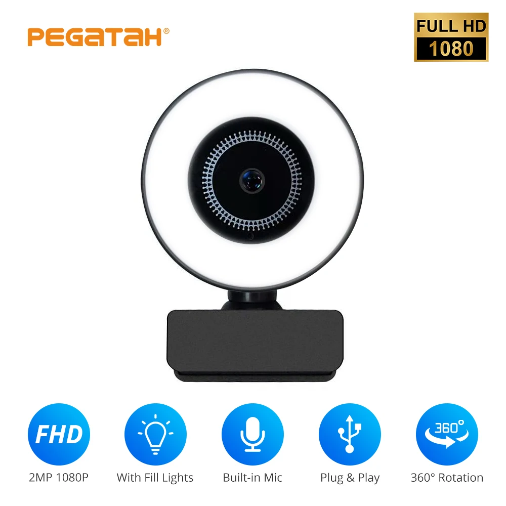 Webcam 1080P mini camera Fill Light Webcam with Microphone 360 degree web  Camera for Pc Video Live Calling usb camera Webcamera