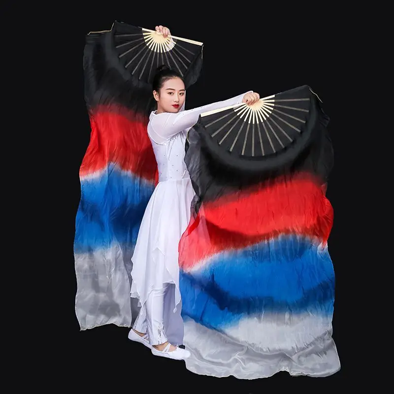 1 Pair 70"x35" Belly Dance Silk Fan Veils White Royal Blue Horizontal Gradient Bamboo Long Fans Veil For Women Kids Wholesale - Цвет: as picture