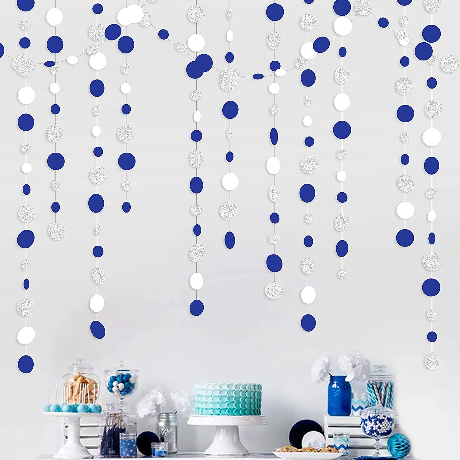 27,9 m, Marineblau, Gold, Beige, Papier, Kreis, Punkte, Girlande zum Aufhängen, Papier, gepunkteter Streamer, Königsblau, Geburtstag, Babyparty-Dekoration – Detail 10