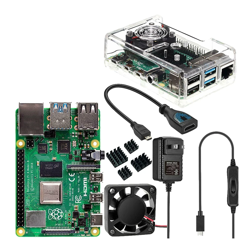 Raspberry Pi 4 Model B 4GB RAM + Case + Fan + Heat Sink + Power Adapter + Micro HDMI Cable for RPI 4B