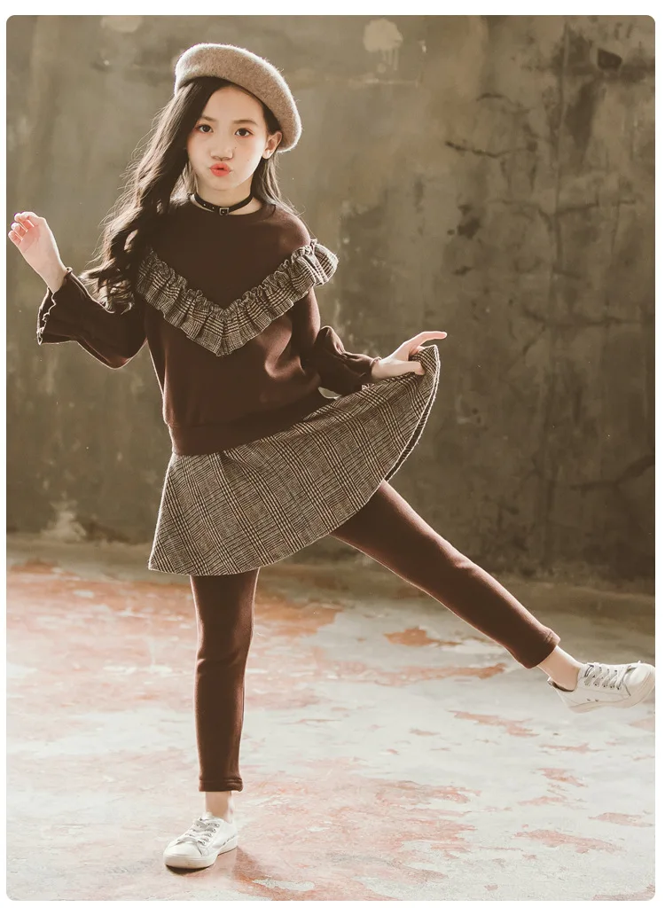 Комплект одежды для больших девочек, детская зимняя Вельветовая одежда в клетку в стиле ретро для девочек модная одежда для подростков возрастом от 10 до 12 лет корейский Костюм из 2 предметов