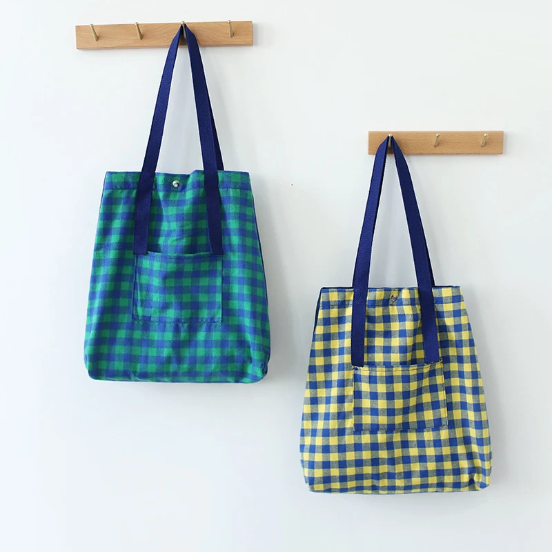 

Reusable Shopping Bag For Girls Women Plaid Canvas Bag Zipper Tote Cloth Handbag Striped Pattern Eco Shoulder Bags