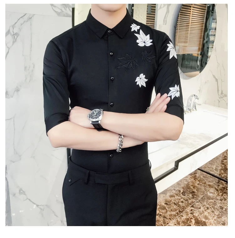 Мужская рубашка с вышивкой, высокое качество, Camisa Masculina Blcak, белая рубашка с коротким рукавом, рубашка для ночного клуба, Chemise Homme, уличная одежда