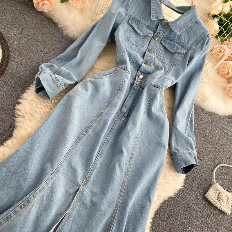 2020 Autumn New Retro Hollow Back Chic Women Denim Dress Mermaid Split Hem Ladies High Waist Fashion Jeans Dress J5