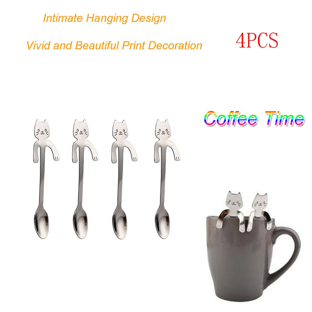 

4 Pcs Cute Cat Spoon Long Handle Spoons Flatware Coffee Drinking Tools Kitchen Teaspoon Silver Cat Coffee Tea Spoon Cuillere NEW