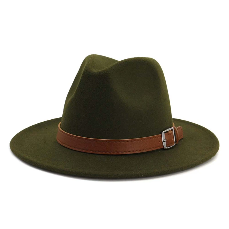 Army Green FS Sombreros винтажная фетровая шляпа для женщин и мужчин с широкими шерстяными полями розовые шапки для улицы Регулируемая Повседневная джазовая Кепка с поясом - Цвет: Army Green