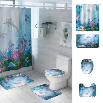 

4pcs Bedroom Carpet Curtain Mat Set Sea Coral Dolphins Printed Bath Shower Waterproof Curtain Non-Slip Flannel Bath Rug Bedroom