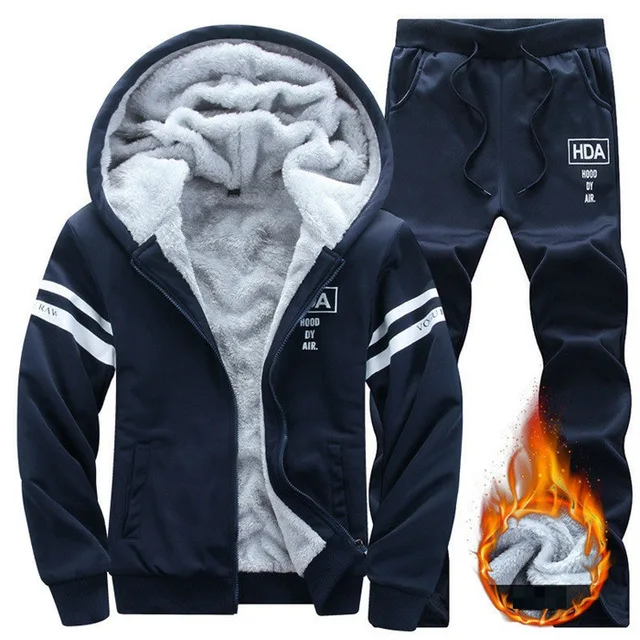 Causal Tracksuits Men Set hooded Thicken Fleece Hoodies+ Sweatpant Winter Spring Sweatshirt Sportswear Male Letter Print - Color: Blue Tracksuits