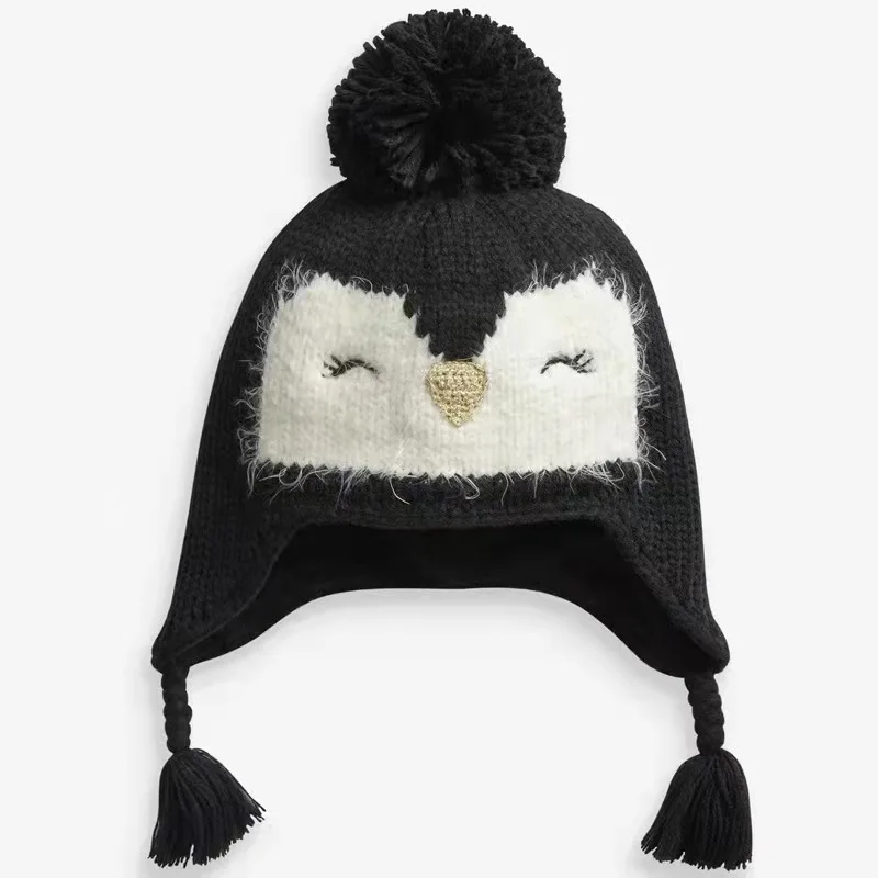 2021 autumn and winter new cute cartoon penguin children baby boys and girls knitted wool hat ear protection hat baby hat leather bomber cap