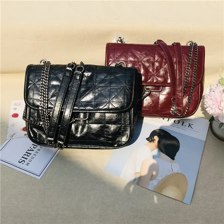 

Head Layer Cowhide Genuine Leather Female 2020 Small Fragrant Rhombus Chain Oil Wax Bag Single Shoulder Oblique Satchel Chao