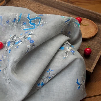 

High end pure flax fabric Grey blue print tissu Women's fashion Shirt dress pants material