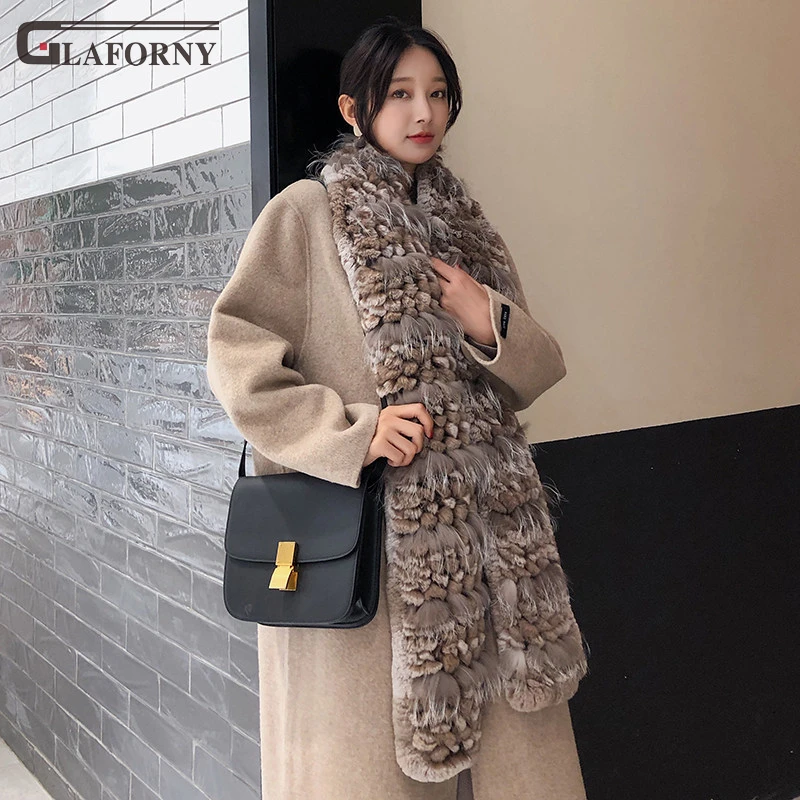 

2019 Glaforny long pattern grace rex rabbit fur thickened scarf elastic fur long pattern silver fox fur keep warm scarf