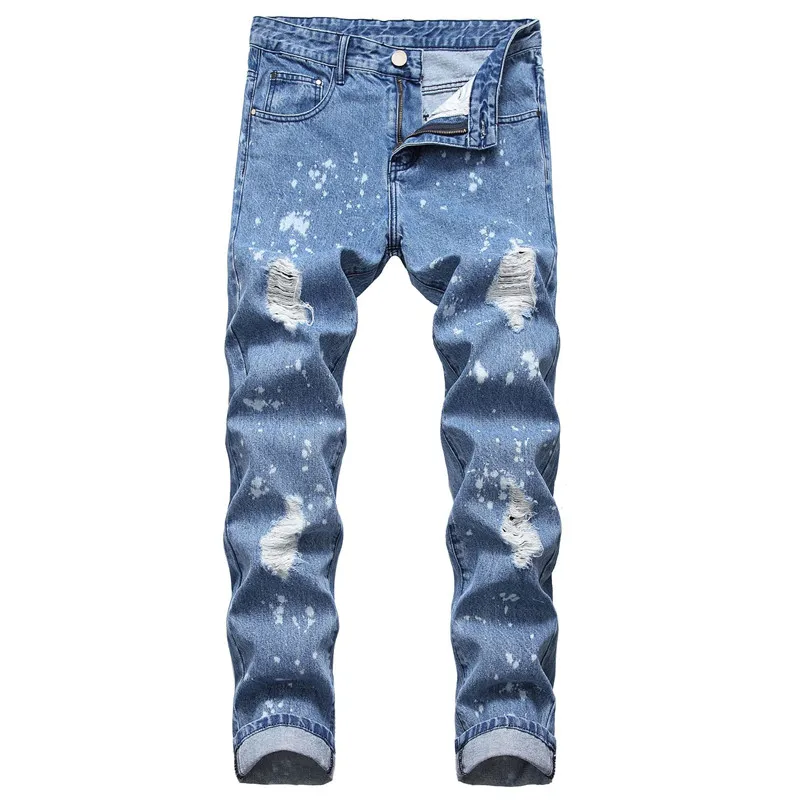 Medium blue Color: Dark Blue Light Blue Medium Blue Jeans Men New Men's Straight Hole Jeans Men's Slim Denim Trousers - Цвет: Medium blue