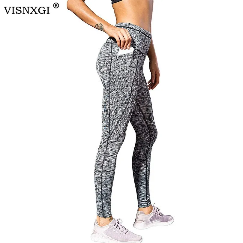 

VISNXGI Fitness Leggings Pocket Patchwork High Waist Sports Workout Legging Push Up Elastic Pants Plus Size Fold Ankle-Length