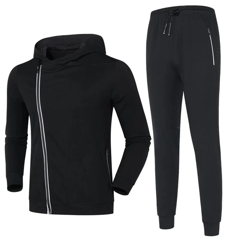 2 Pcs Suit Black Высокоэластичные спортивные мужские штаны для бега спортивный комплект кардиган с капюшоном толстые теплые костюмы для бега одежда для спортзала - Цвет: 2 Pcs Suit Black