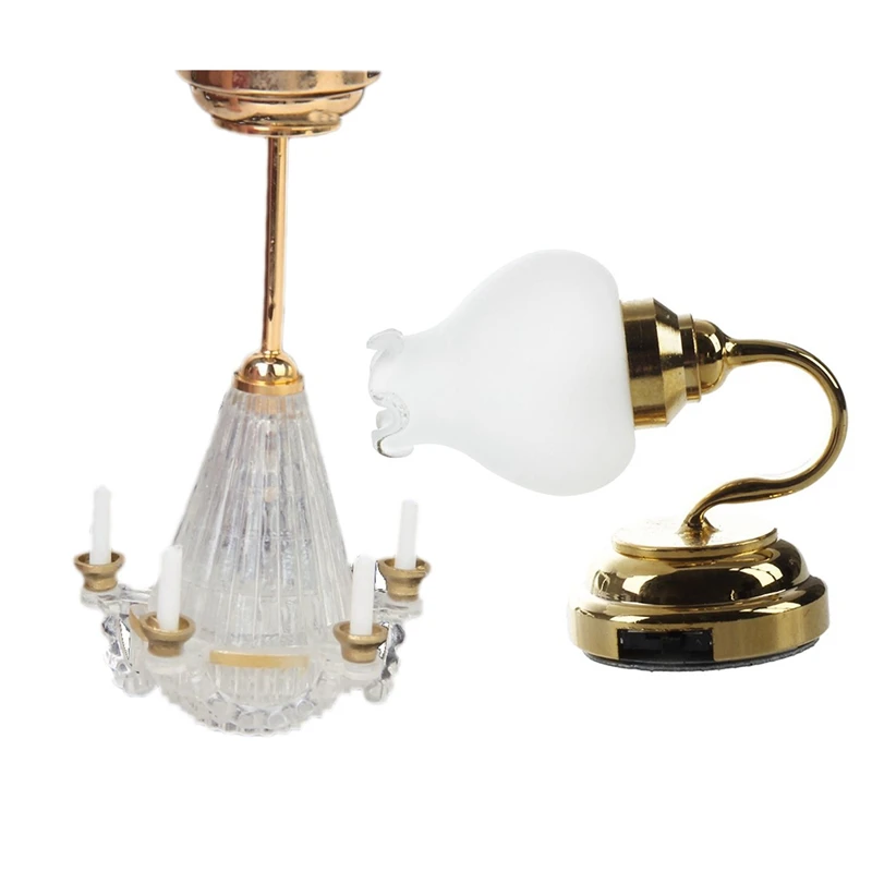 

1Pcs Miniatures Light Stand Five False Transparent Candle Chandelier LED Golden &1Pcs Floral Metal 1:12 Dollhouse Miniature LED