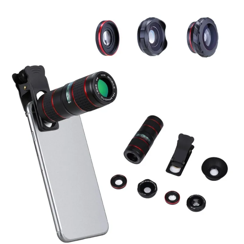 

Black Color Multi 5 In 1 12X Adjustable Telephoto Lens Wide Micro-Angle Fisheye Lenses With Portable Case