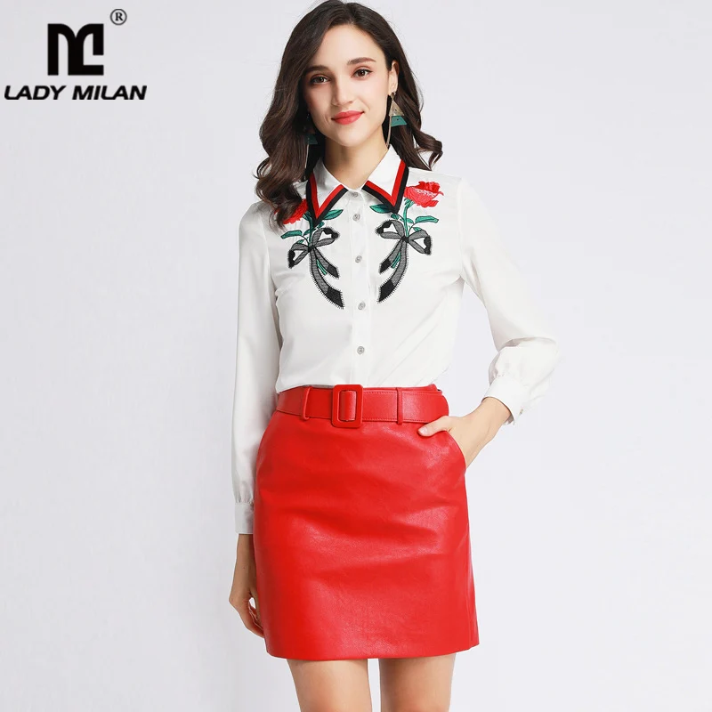 

Women's Runway Twinsets Turn Down Collar Long Sleeves Embroidery Shirts with Short Skirt Two Piece Dress Set Suit
