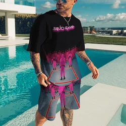 Ensemble T shirt + Short pour hommes, imprimé de jeu de calmar en 3D, à la mode, manches courtes, pantalon de plage, assorti avec tout, été 