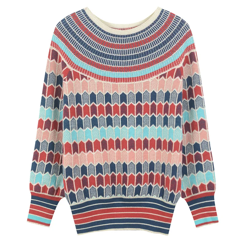 

Women Sweater Lurex Color Block Striped Jumper Geometric Jersey Runway Design Long Sleeve Pullovers Knitted Top Vintage Autumn