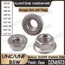 

2Pcs~20Pcs DIN6923 6# 8# 10# 1/4'' 5/16'' 3/8'' 1/2'' SUS304 Stainless Steel Hexagon Nuts with Flange UNC UNF BSW Thread