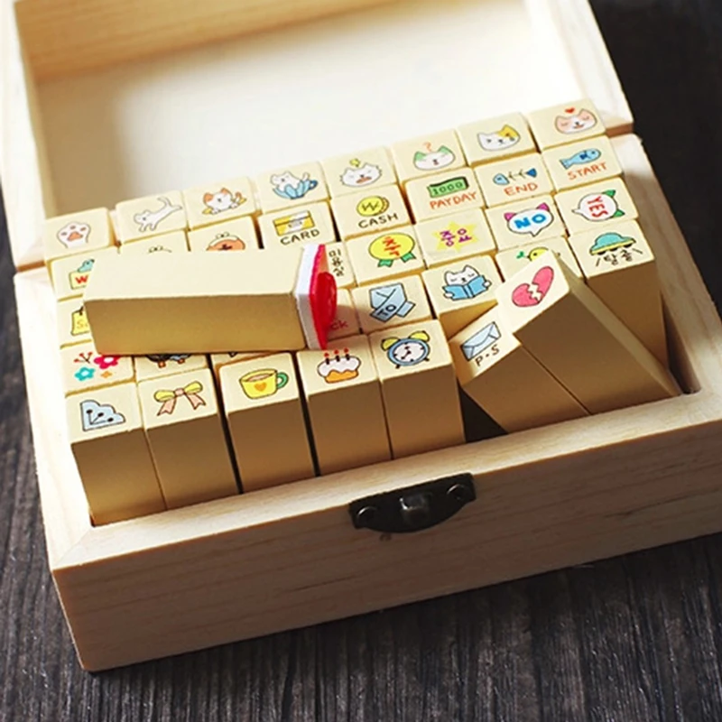 40pcs Cute Cartoon Stamps Children Toy Wood Scrapbooking Stamper Kids Animals DIY Painting Photo Album Accessories Wooden box