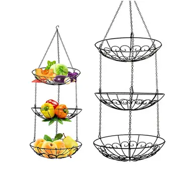 

Household 3 Tier Hanging Fruit Basket Hanging Metal Hollow Vegetable Storage Organizer Basket Storage Basket for Home