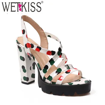 

WETKISS Colorful Polka Dot Ladies Sandals Gladiator Thick High Heels Shoes Woman Platform Slingback Women Sandals Strappy Shoe