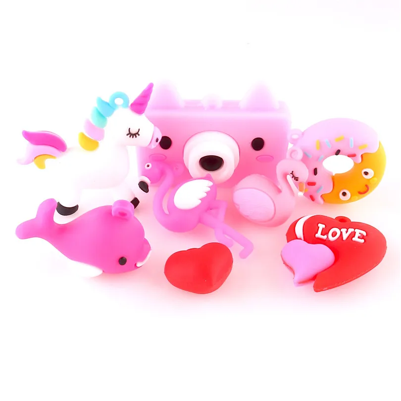 

2pcs Colorful Cartoon Flamingos Dolphin Unicorn Love Heart PVC Charms For Women DIY Making Car Pendant Keychain Bag Jewelry Gift