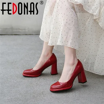 

FEDONAS Red Genuine Leather Sandals Women 2020 Fashion Platforms Thick High Heels Pumps Women Summer Wedding Working Shoes Woman